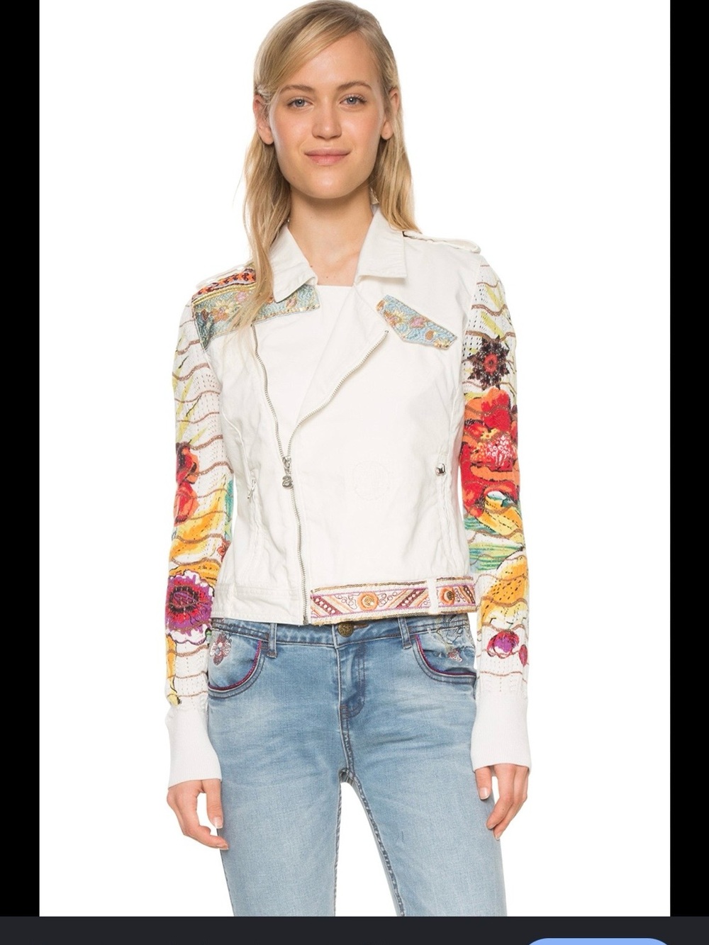 Desigual White Moto Jacket with Multicolor Floral Sleeves